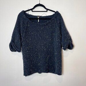 Free People Marsala Oversized Tweed Short Sleeve Pullover Sweater Navy S Wool